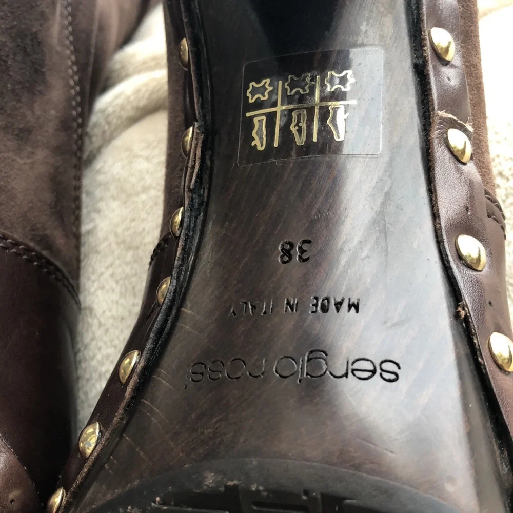 SERGIO ROSSI Chocolate Brown Suede/Leather Over the Knee Boot with Gold Studs